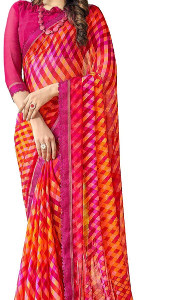 Geometric Print, Graphic Print Bollywood Chiffon, Lace Saree (Red Pink)