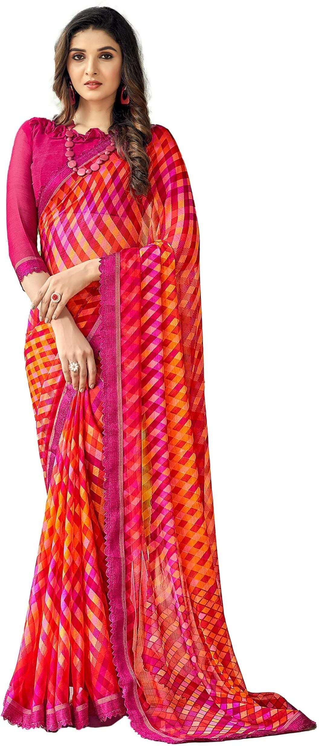 Geometric Print, Graphic Print Bollywood Chiffon, Lace Saree (Red Pink)