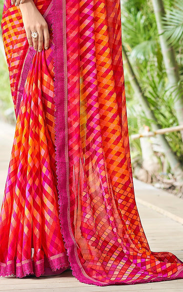Geometric Print, Graphic Print Bollywood Chiffon, Lace Saree (Red Pink)