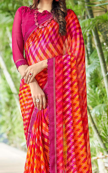 Geometric Print, Graphic Print Bollywood Chiffon, Lace Saree (Red Pink)