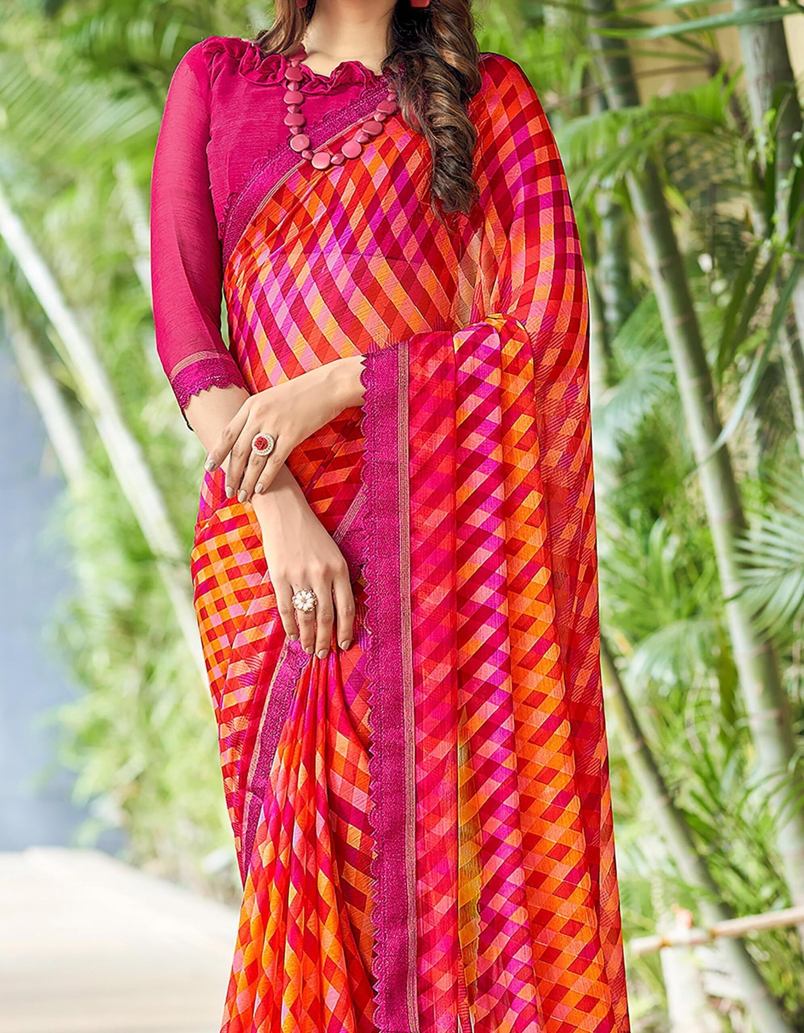 Geometric Print, Graphic Print Bollywood Chiffon, Lace Saree (Red Pink)
