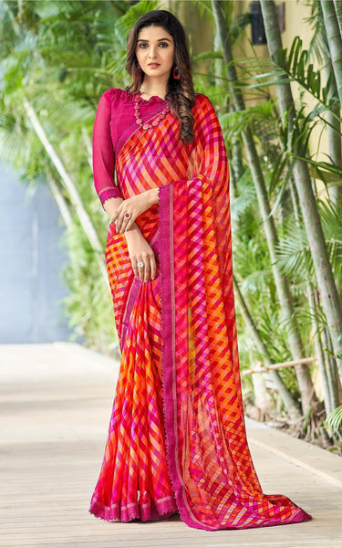 Geometric Print, Graphic Print Bollywood Chiffon, Lace Saree (Red Pink)