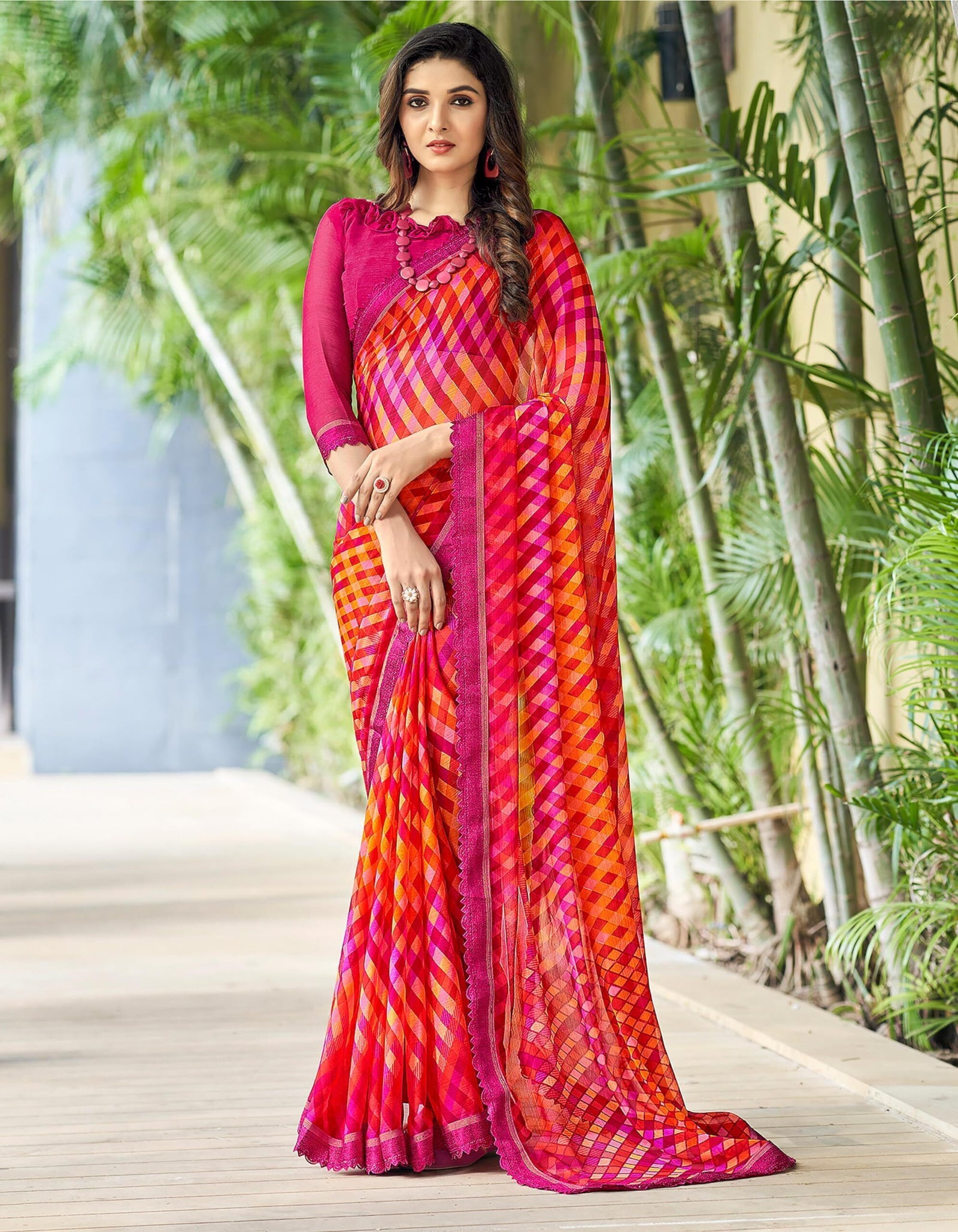 Geometric Print, Graphic Print Bollywood Chiffon, Lace Saree (Red Pink)