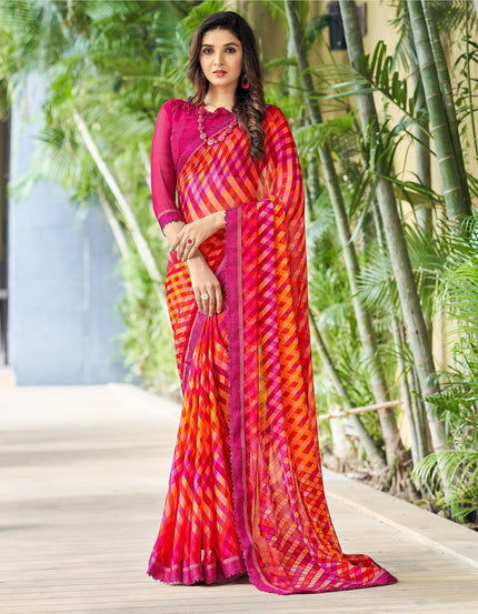 Geometric Print, Graphic Print Bollywood Chiffon, Lace Saree (Red Pink)