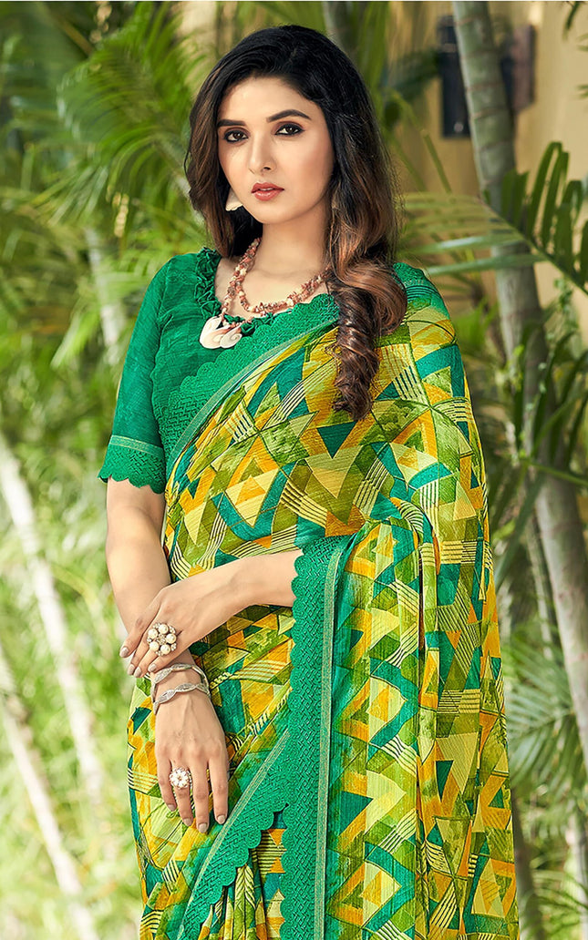 Geometric Print, Graphic Print Bollywood Chiffon, Lace Saree (Yellow)