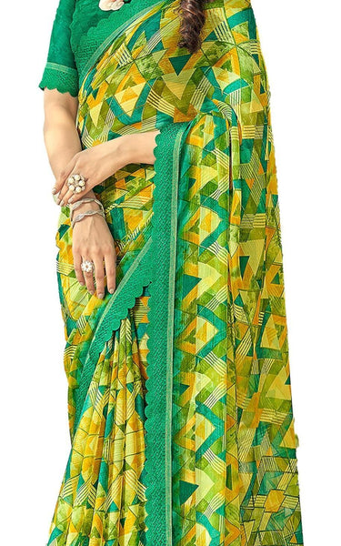Geometric Print, Graphic Print Bollywood Chiffon, Lace Saree (Green)
