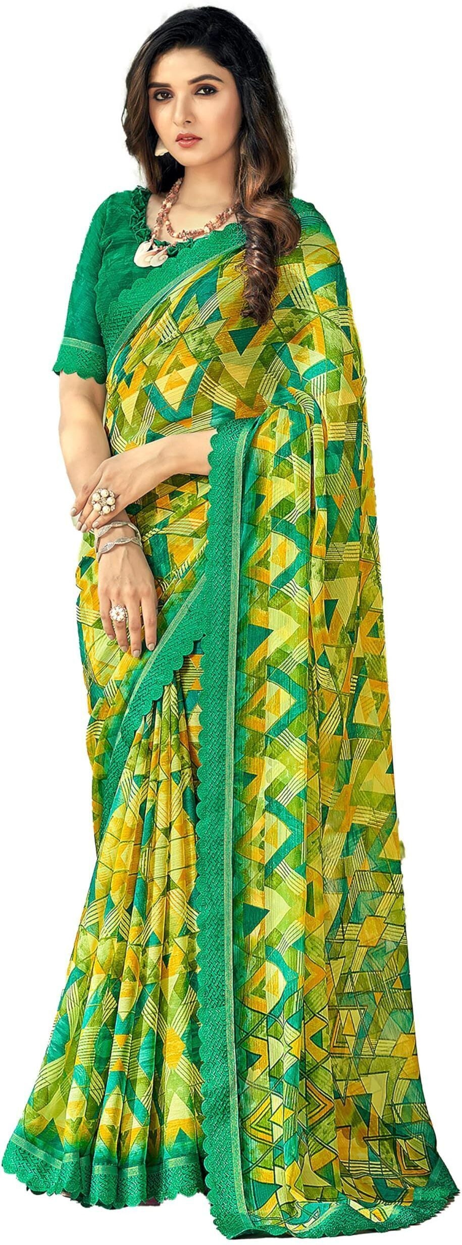 Geometric Print, Graphic Print Bollywood Chiffon, Lace Saree (Green)