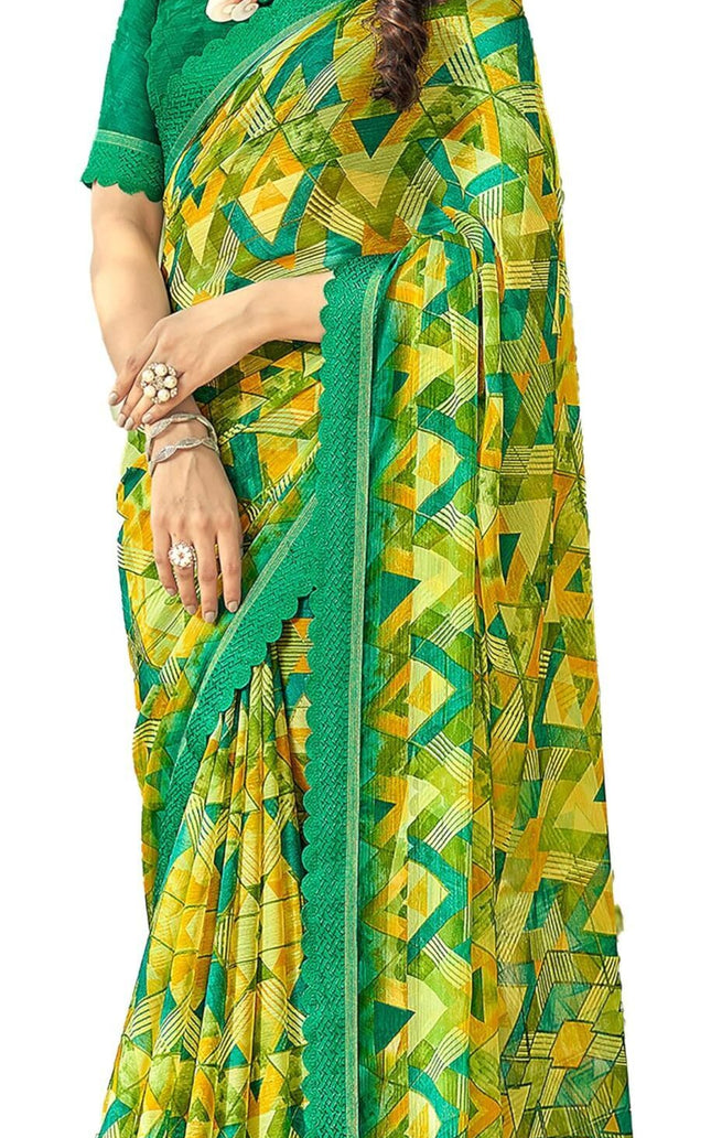Geometric Print, Graphic Print Bollywood Chiffon, Lace Saree (Yellow)