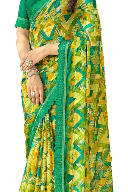Geometric Print, Graphic Print Bollywood Chiffon, Lace Saree (Yellow)