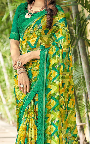 Geometric Print, Graphic Print Bollywood Chiffon, Lace Saree (Green)