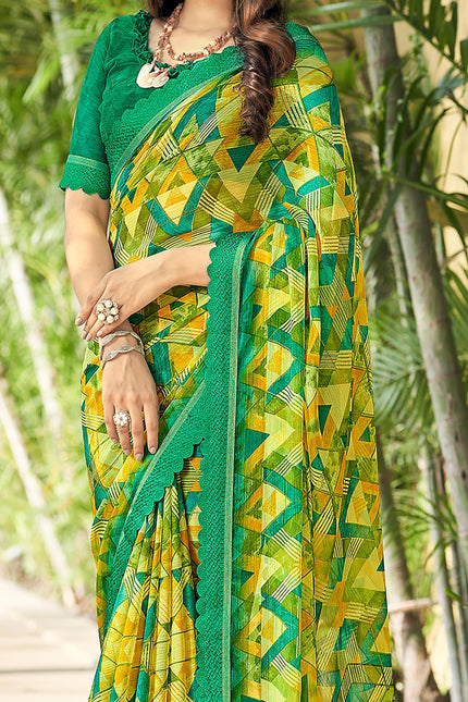 Geometric Print, Graphic Print Bollywood Chiffon, Lace Saree (Yellow)