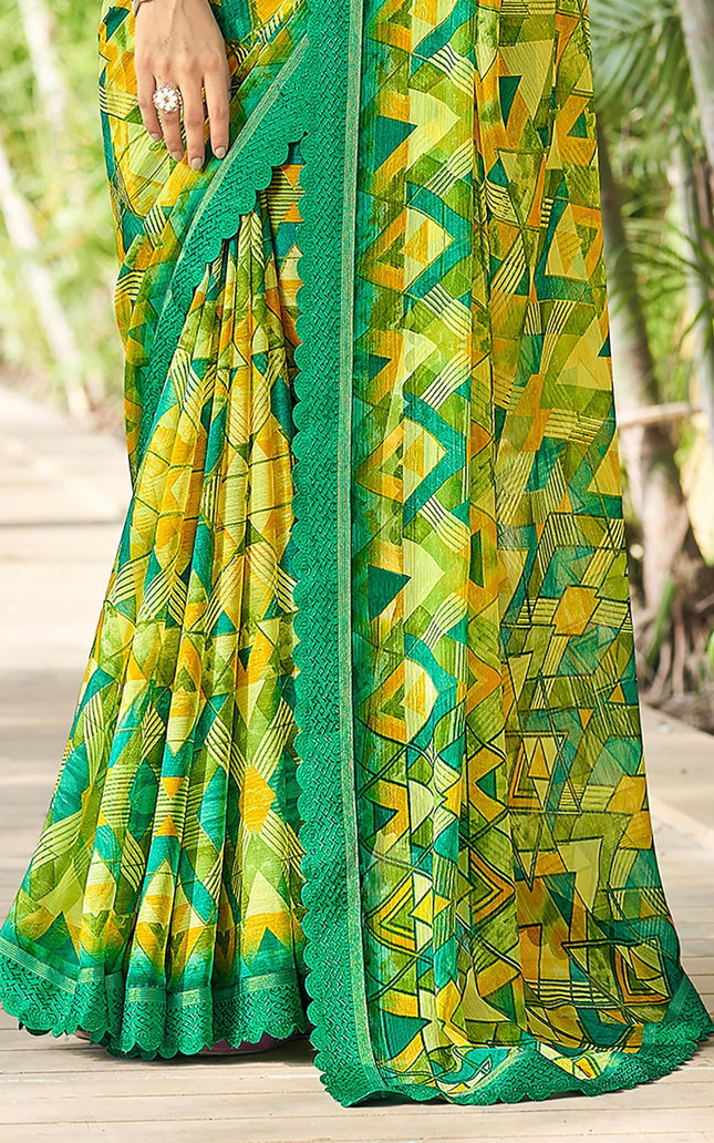 Geometric Print, Graphic Print Bollywood Chiffon, Lace Saree (Yellow)