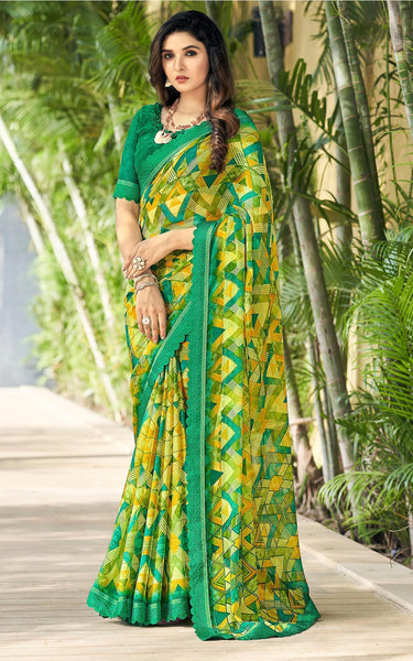 Geometric Print, Graphic Print Bollywood Chiffon, Lace Saree (Green)