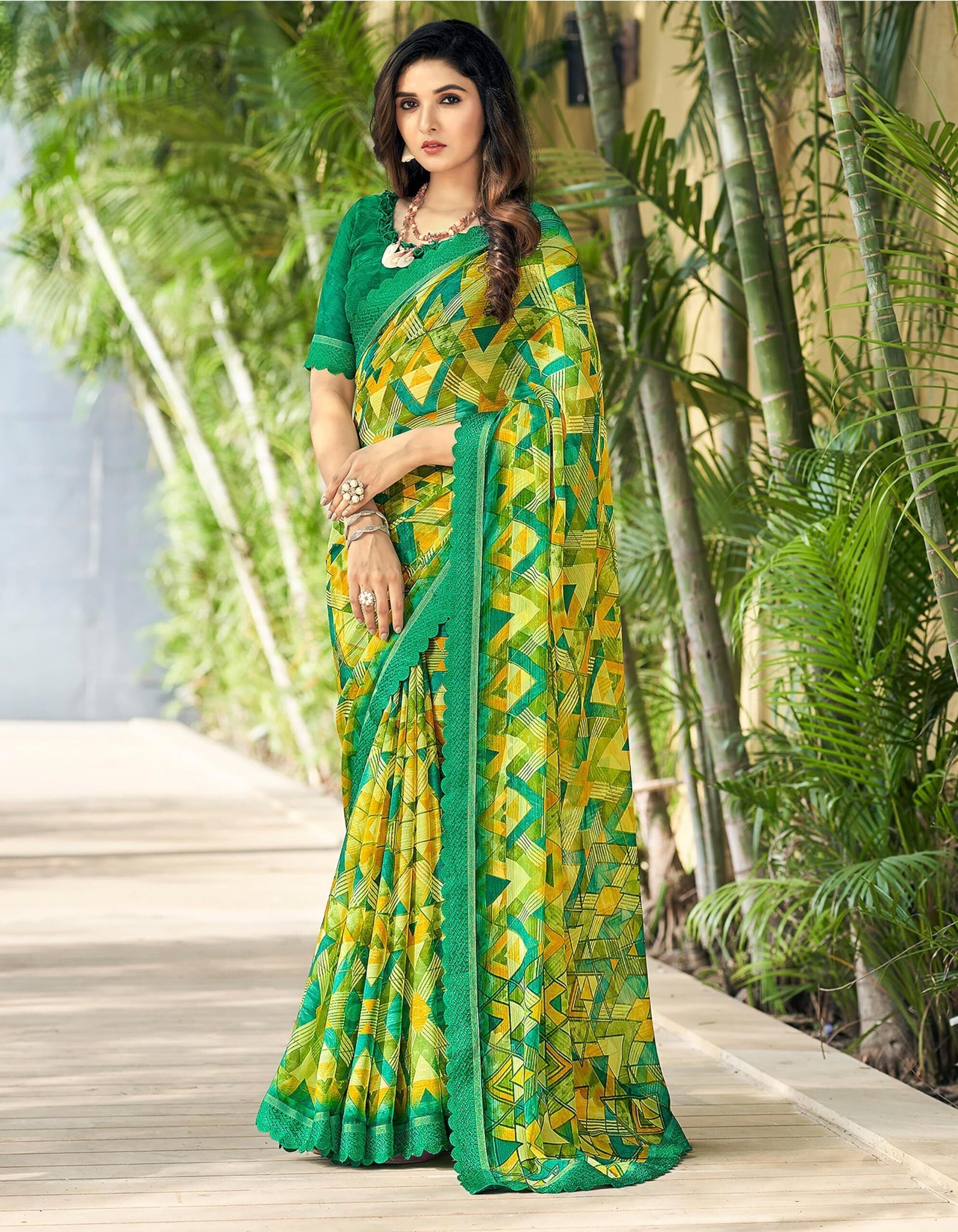 Geometric Print, Graphic Print Bollywood Chiffon, Lace Saree (Green)