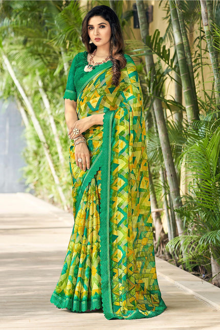 Geometric Print, Graphic Print Bollywood Chiffon, Lace Saree (Yellow)