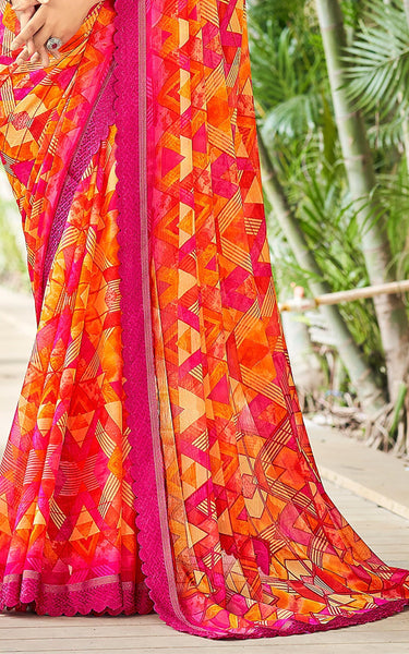 Flower Multi-Coloured Printed, Pure Italian Crape Saree (Red, Orange)