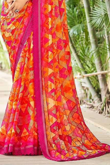 Geometric Print, Graphic Print Bollywood Chiffon, Lace Saree (Pink)