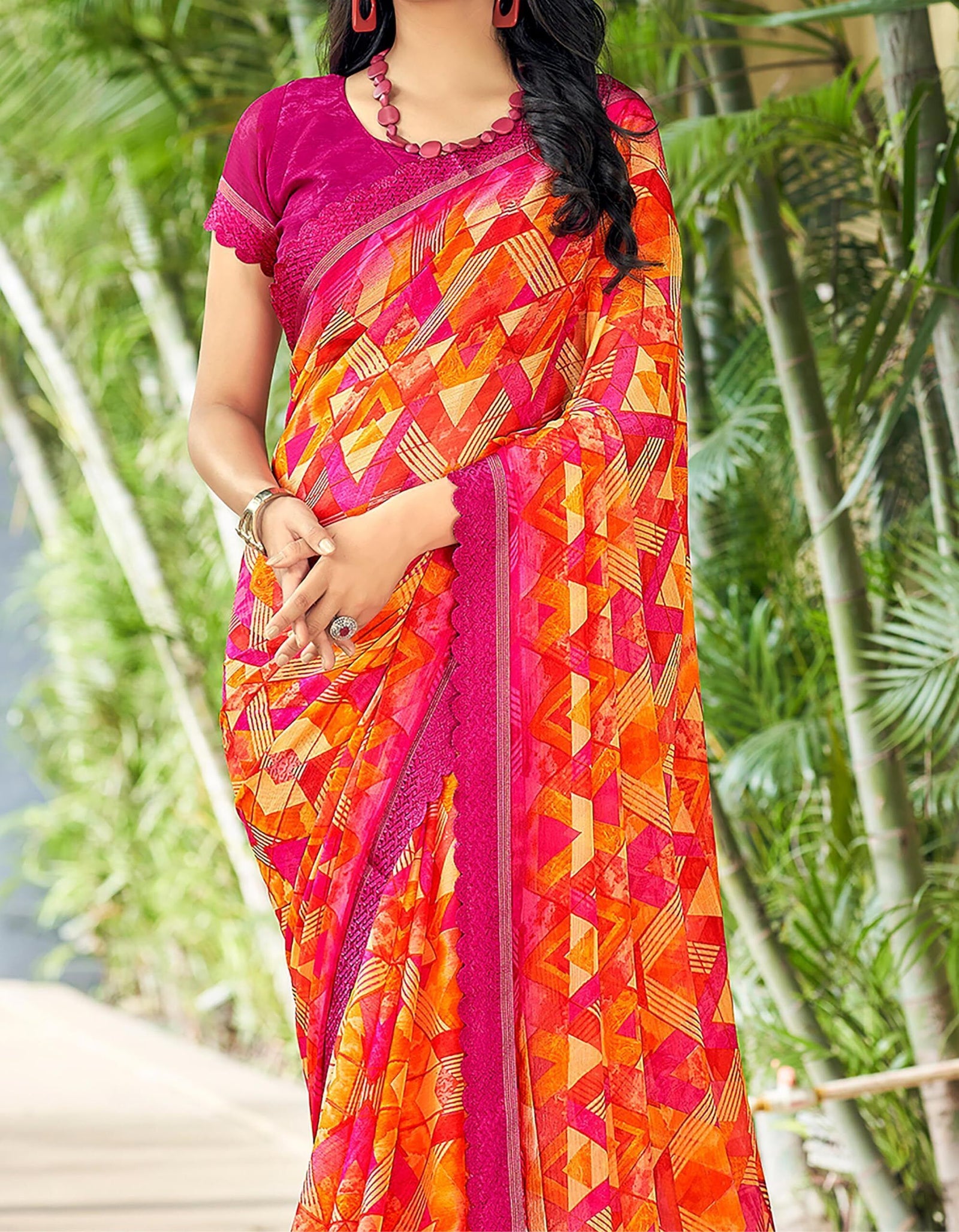 Geometric Print, Graphic Print Bollywood Chiffon, Lace Saree (Pink & Orange)