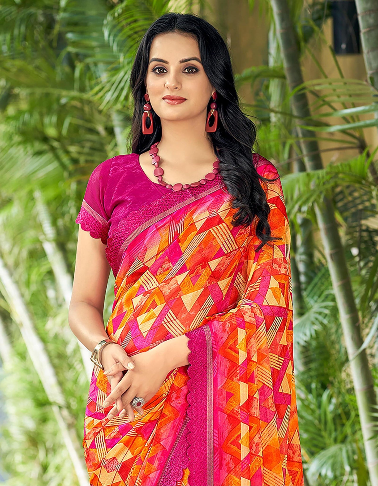 Geometric Print, Graphic Print Bollywood Chiffon, Lace Saree (Pink & Orange)