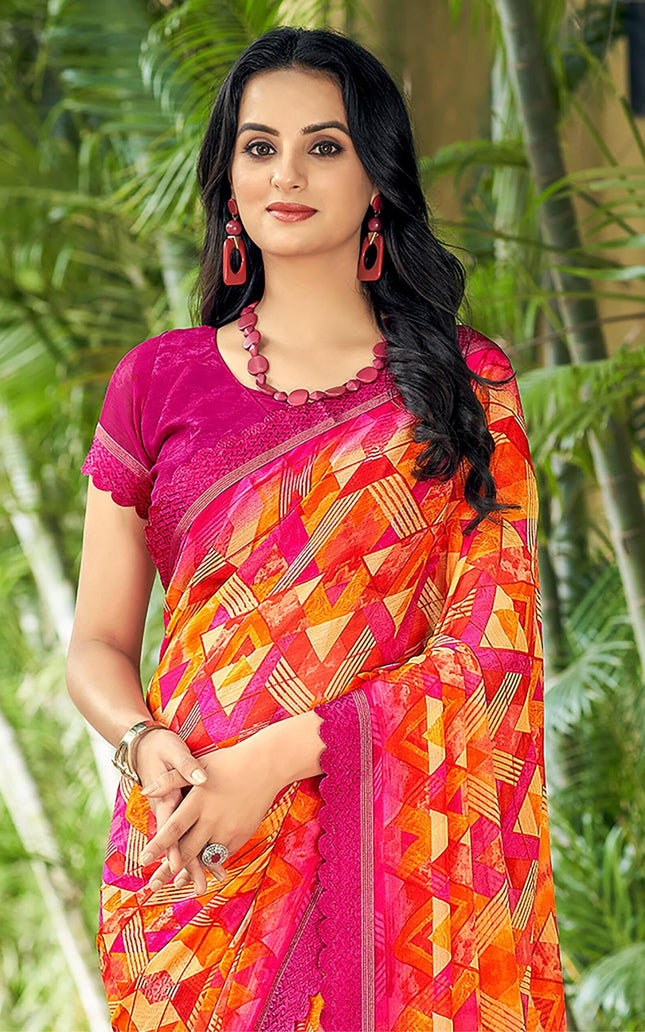 Geometric Print, Graphic Print Bollywood Chiffon, Lace Saree (Pink)