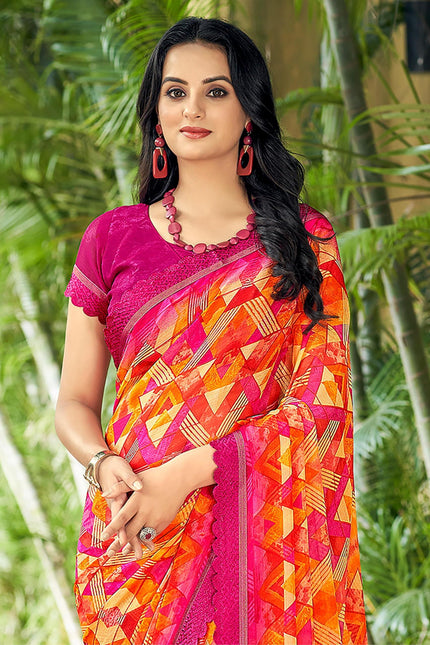 Geometric Print, Graphic Print Bollywood Chiffon, Lace Saree (Pink)