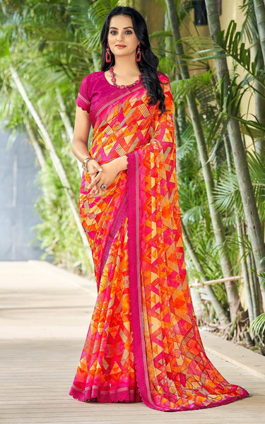 Flower Multi-Coloured Printed, Pure Italian Crape Saree (Red, Orange)