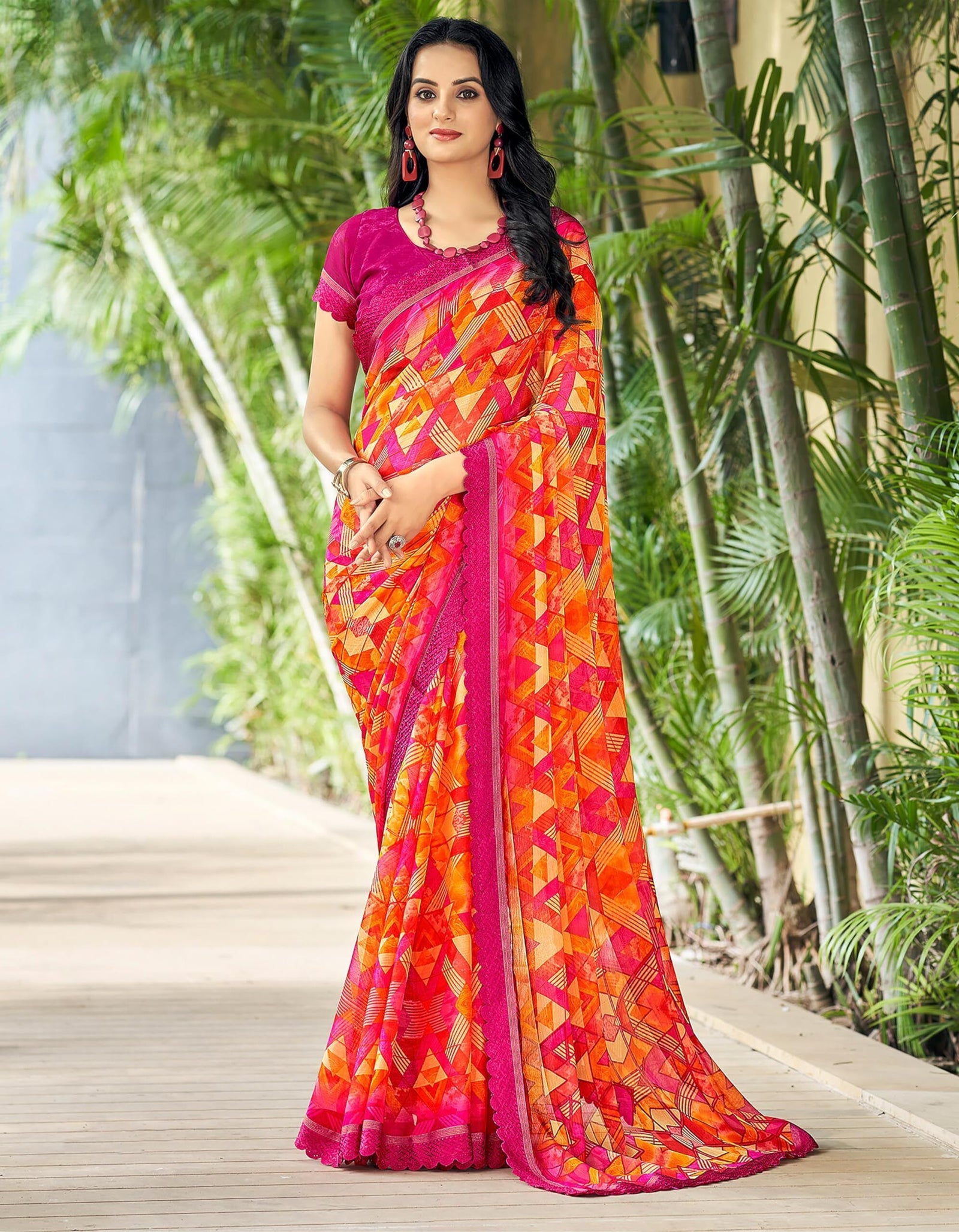 Geometric Print, Graphic Print Bollywood Chiffon, Lace Saree (Pink & Orange)
