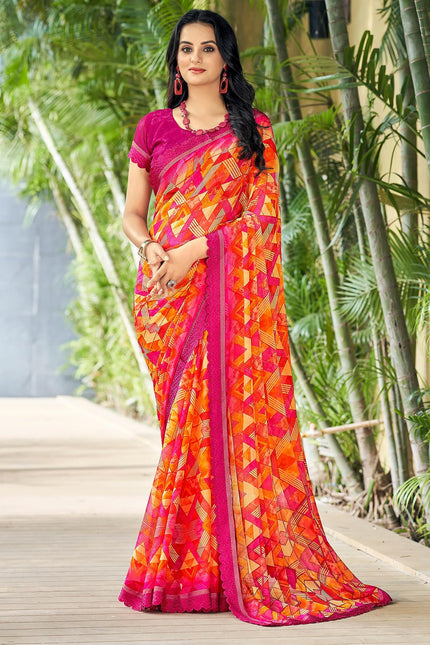 Geometric Print, Graphic Print Bollywood Chiffon, Lace Saree (Pink)