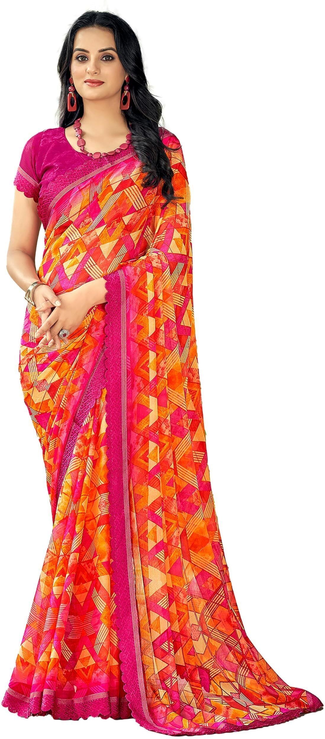 Geometric Print, Graphic Print Bollywood Chiffon, Lace Saree (Pink & Orange)