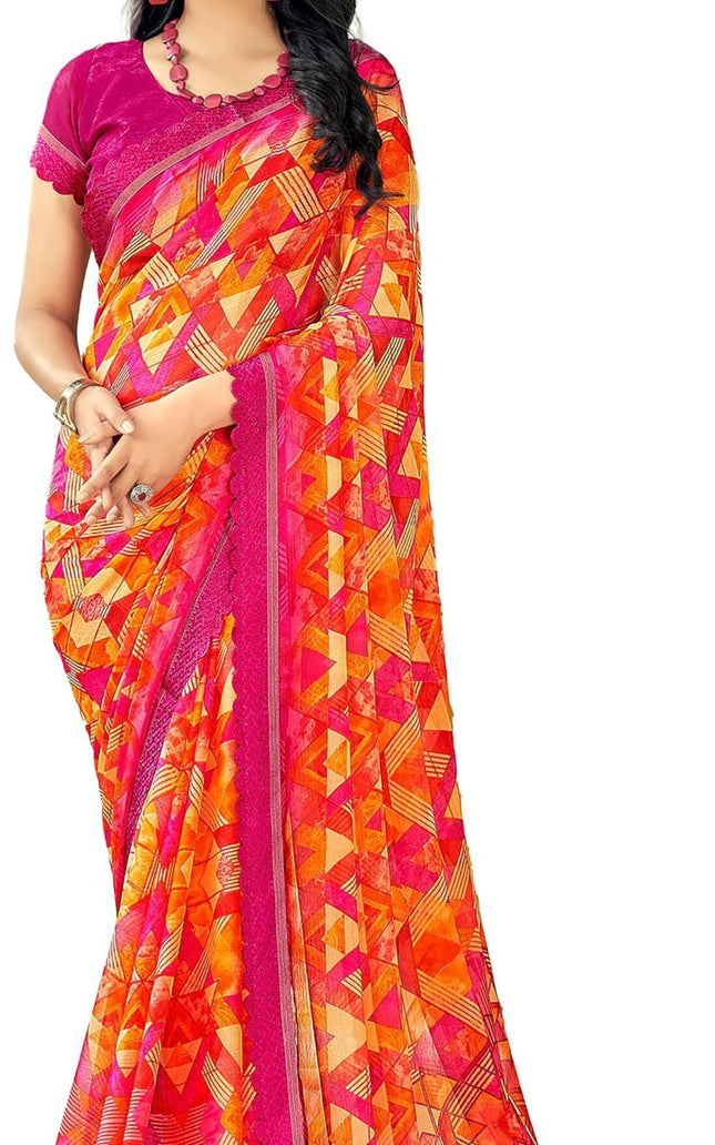 Geometric Print, Graphic Print Bollywood Chiffon, Lace Saree (Pink)