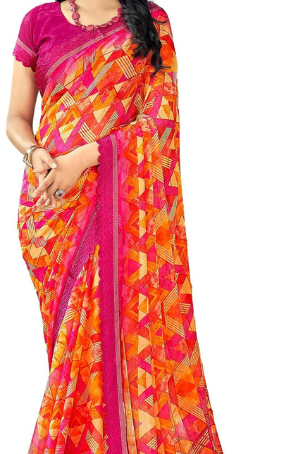 Geometric Print, Graphic Print Bollywood Chiffon, Lace Saree (Pink)