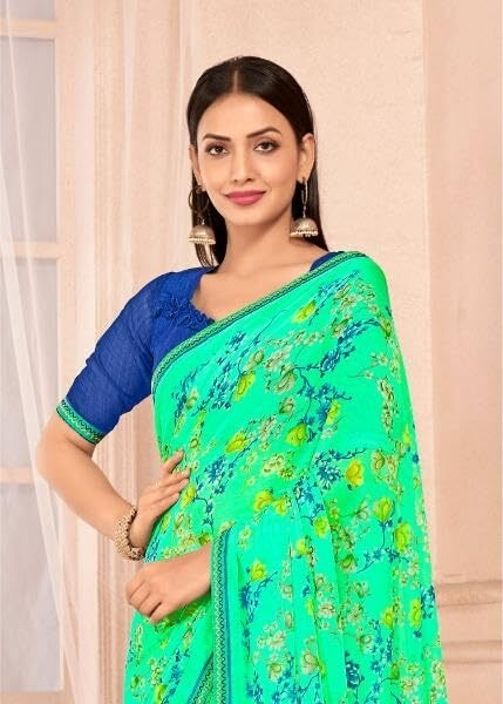 Floral Print Chiffon Saree With Attached Border (Aqua Green)