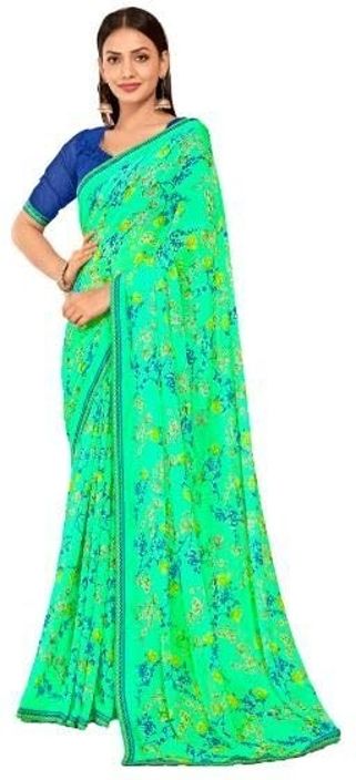 Floral Print Chiffon Saree With Attached Border (Aqua Green)