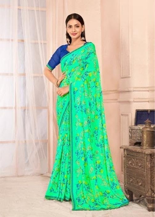 Floral Print Chiffon Saree With Attached Border (Aqua Green)