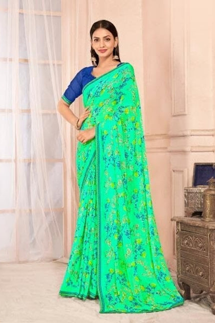 Floral Print, Graphic Print Kalamkari Chiffon, Lace Saree (Green)