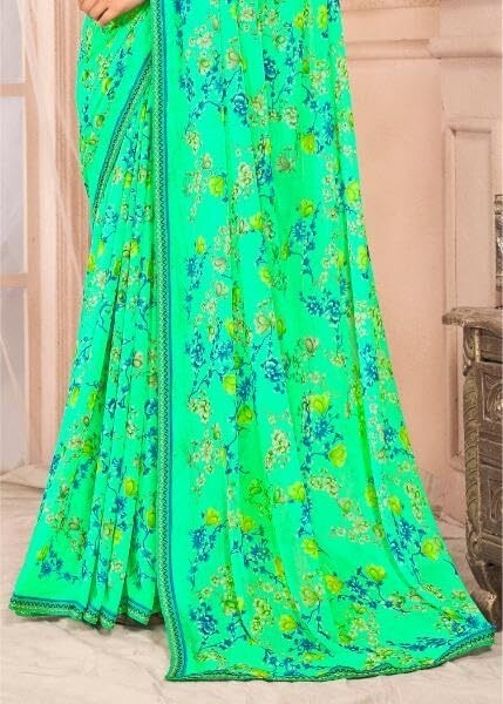 Floral Print Chiffon Saree With Attached Border (Aqua Green)