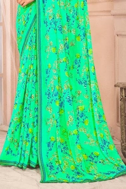 Floral Print, Graphic Print Kalamkari Chiffon, Lace Saree (Green)