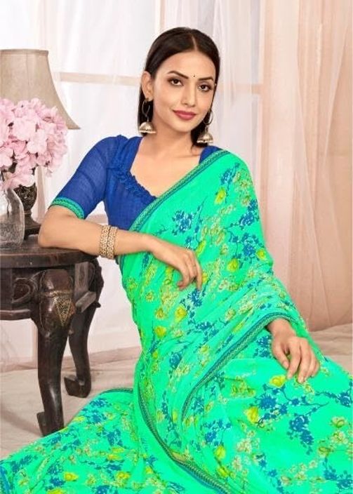 Floral Print Chiffon Saree With Attached Border (Aqua Green)