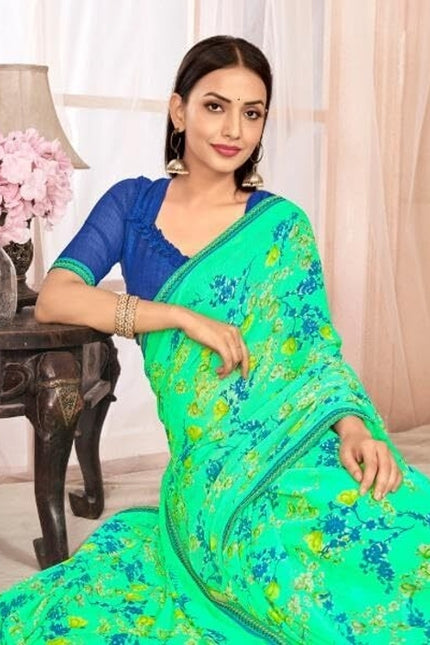 Floral Print, Graphic Print Kalamkari Chiffon, Lace Saree (Green)