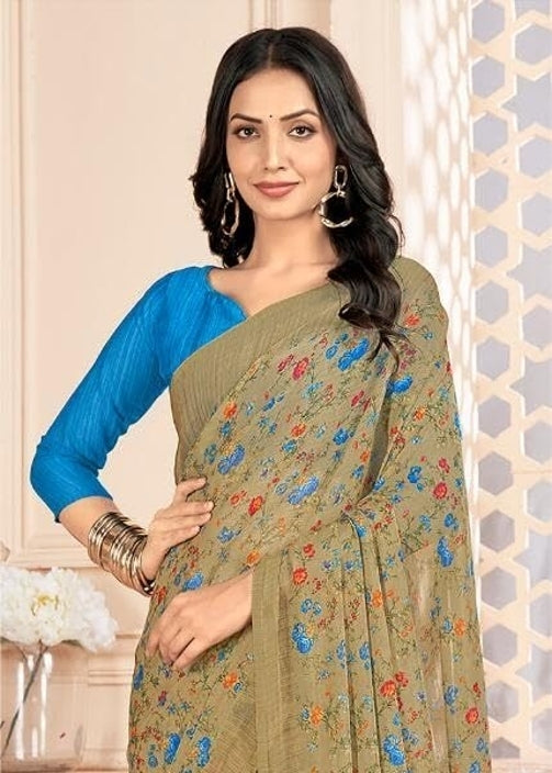 Floral Print, Graphic Print Kalamkari Chiffon, Georgette Saree (Brown Khakhi)