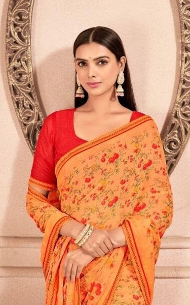 Floral Print, Graphic Print Kalamkari Chiffon, Lace Saree (Teal Grey)