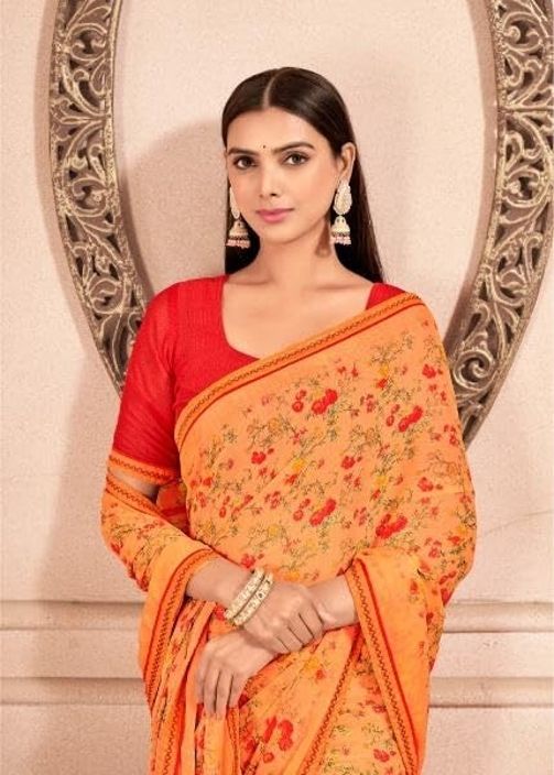Floral Print Chiffon Saree With Attached Border (Light Orange)