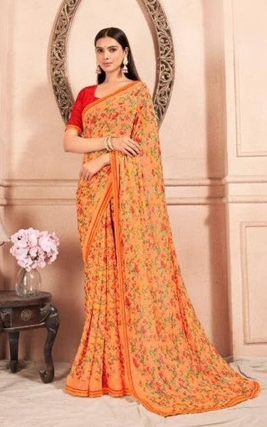 Floral Print, Graphic Print Kalamkari Chiffon, Lace Saree (Teal Grey)