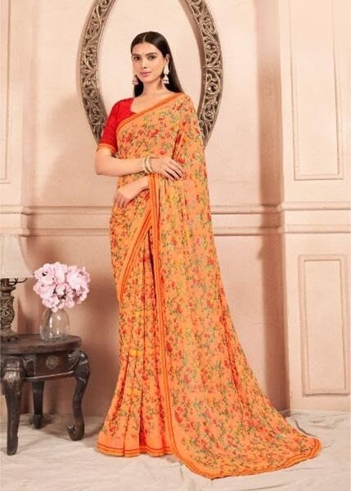 Floral Print Chiffon Saree With Attached Border (Light Orange)