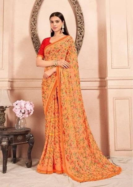 Floral Print Chiffon Saree With Attached Border (Light Orange)