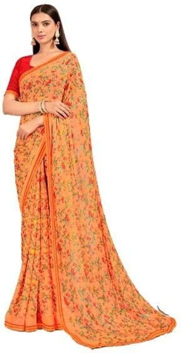 Floral Print Chiffon Saree With Attached Border (Light Orange)