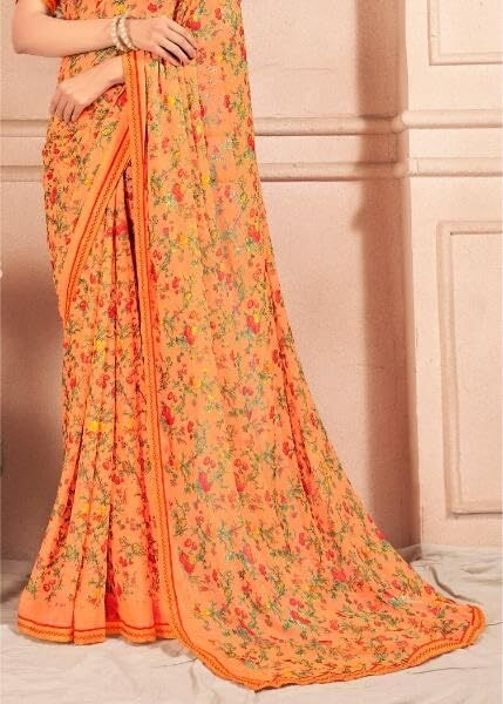 Floral Print Chiffon Saree With Attached Border (Light Orange)