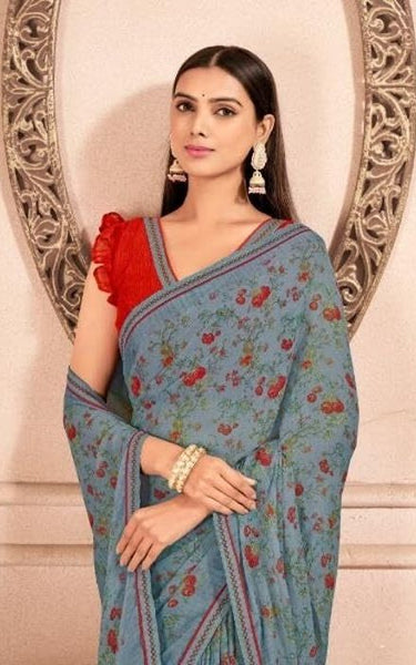 Floral Print, Graphic Print Kalamkari Chiffon, Lace Saree (Pink)