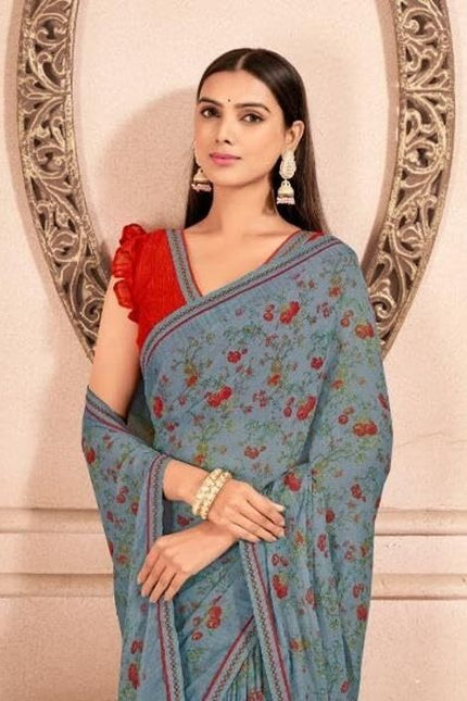 Floral Print, Graphic Print Kalamkari Chiffon, Lace Saree (Pink)