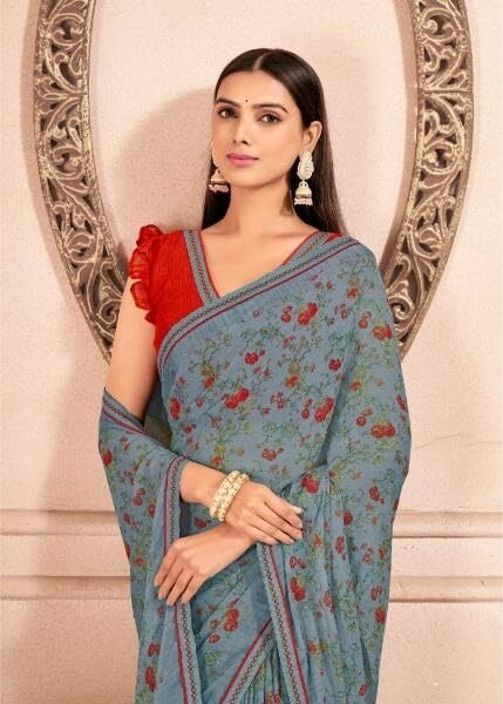 Floral Print Chiffon Saree With Attached Border (Grey)